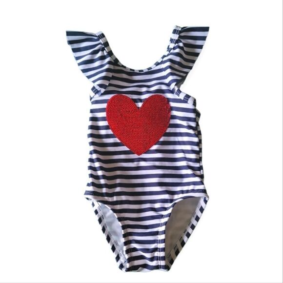 Cat & Jack Sequin Red Heart & Navy Stripe One Piece Infant Swim Suit - Picture 1 of 3